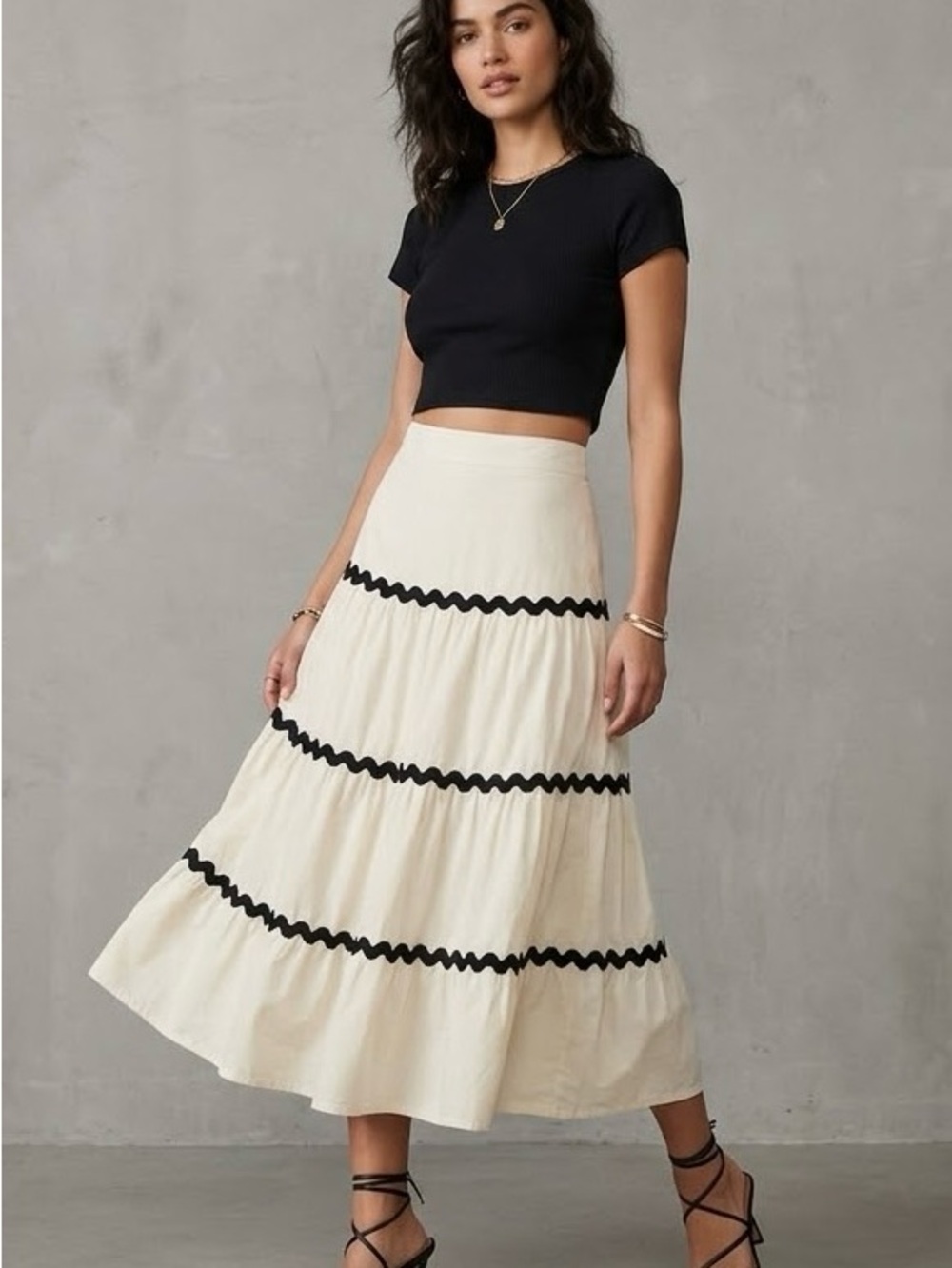 Cream Tiered Maxi Skirt with Black Wave Trim